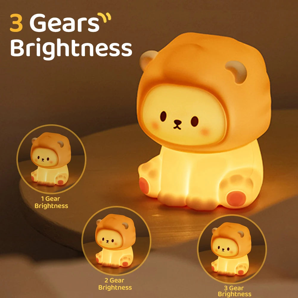 Cute Lion Night Light Rechargeable 3 Level Dimmable Silicone Sleeping Light Bedside Lamp Nursery Nightlights for Bedroom