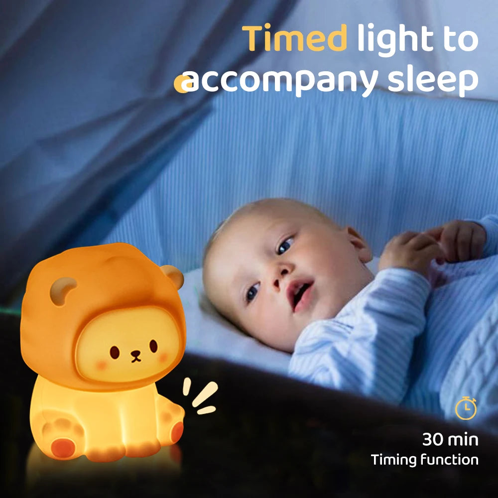 Cute Lion Night Light Rechargeable 3 Level Dimmable Silicone Sleeping Light Bedside Lamp Nursery Nightlights for Bedroom